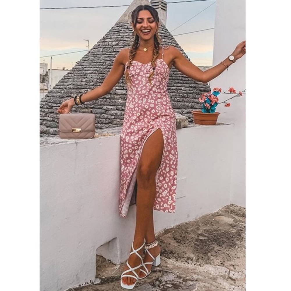 Pink Floral Tie Strap High Slit Midi Dress - Picture 10 of 16